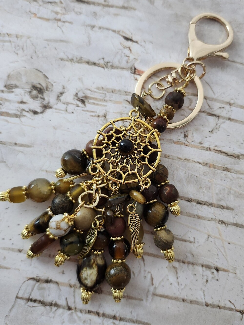 Dreamcatcher Purse Charm Tiger Eye Dragon Agate Red Jasper Handcrafted
